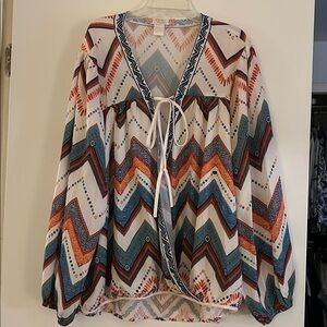 Flying Tomato Orange and Blue Patterned flowy top.